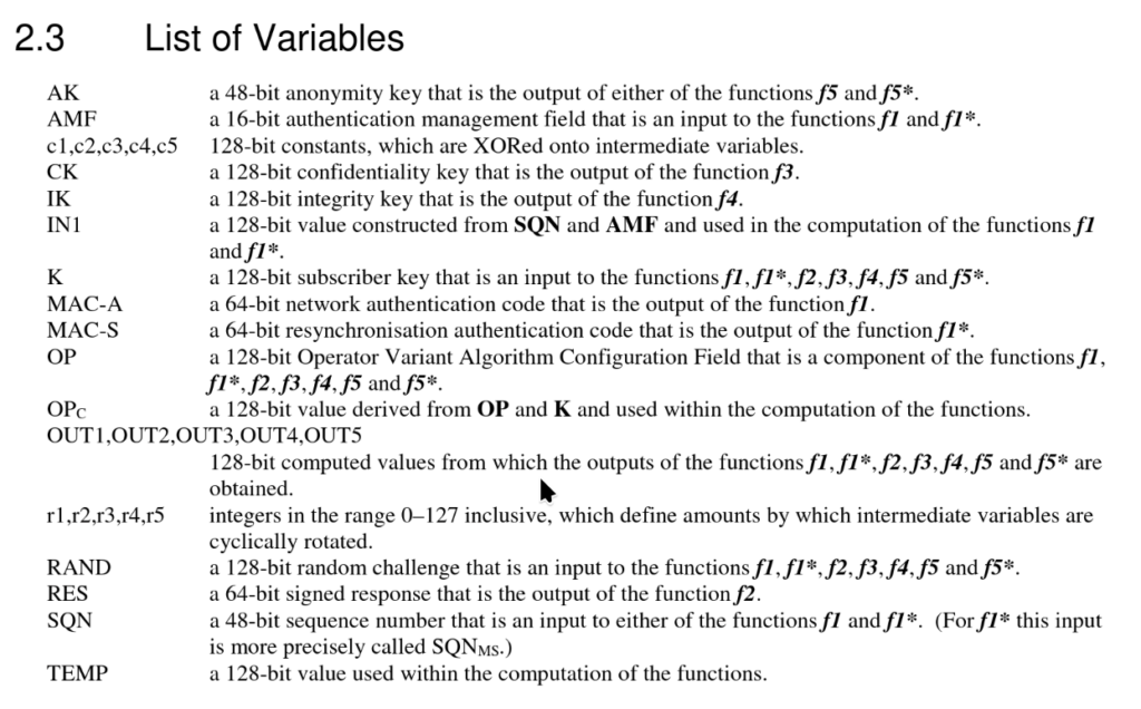 2.3 List of Variables
AK a 48-bit anonymity key that is the output of either of the functions f5 and f5*.
AMF a 16-bit authentication management field that is an input to the functions f1 and f1*.
c1,c2,c3,c4,c5 128-bit constants, which are XORed onto intermediate variables.
CK a 128-bit confidentiality key that is the output of the function f3.
IK a 128-bit integrity key that is the output of the function f4.
IN1 a 128-bit value constructed from SQN and AMF and used in the computation of the functions f1
and f1*.
K a 128-bit subscriber key that is an input to the functions f1, f1*, f2, f3, f4, f5 and f5*.
MAC-A a 64-bit network authentication code that is the output of the function f1.
MAC-S a 64-bit resynchronisation authentication code that is the output of the function f1*.
OP a 128-bit Operator Variant Algorithm Configuration Field that is a component of the functions f1,
f1*, f2, f3, f4, f5 and f5*.
OP C a 128-bit value derived from OP and K and used within the computation of the functions.
OUT1,OUT2,OUT3,OUT4,OUT5
128-bit computed values from which the outputs of the functions f1, f1*, f2, f3, f4, f5 and f5* are
obtained.
r1,r2,r3,r4,r5 integers in the range 0–127 inclusive, which define amounts by which intermediate variables are
cyclically rotated.
RAND a 128-bit random challenge that is an input to the functions f1, f1*, f2, f3, f4, f5 and f5*.
RES a 64-bit signed response that is the output of the function f2.
SQN a 48-bit sequence number that is an input to either of the functions f1 and f1*. (For f1* this input
is more precisely called SQN MS.)
TEMP a 128-bit value used within the computation of the functions